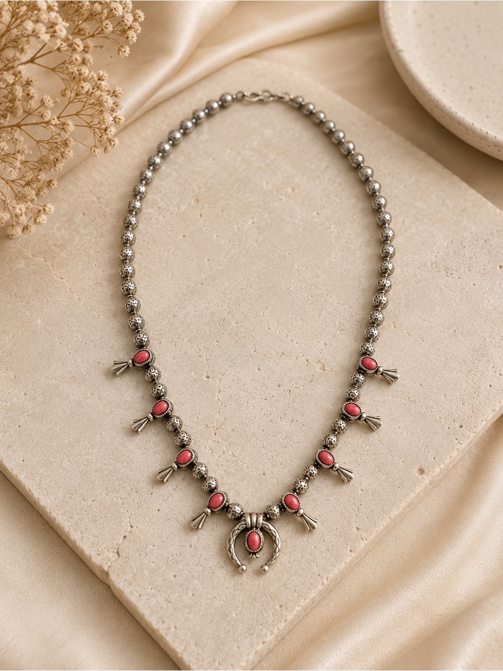 Silver-Tone Pink Stone Statement Necklace